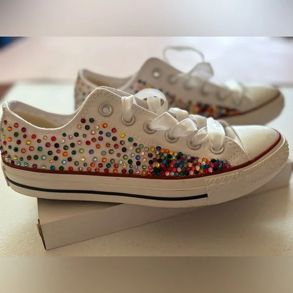 Converse Custom Multicolor Rhinestone Kicks! Sz 8 Woman. Low top one of. Kind! - Picture 3 of 16